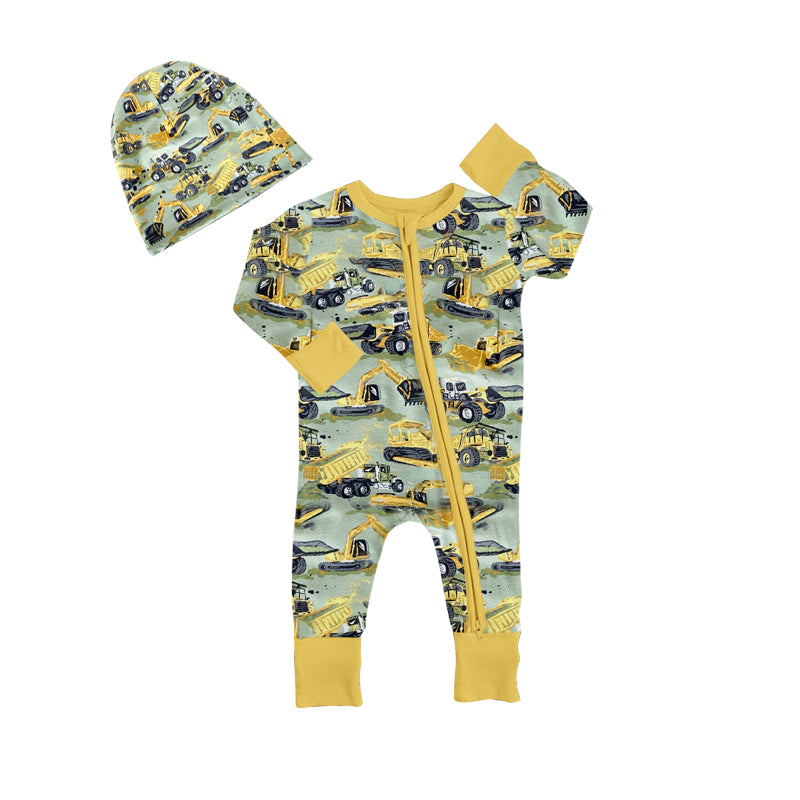 (Custom Design MOQ 5) Yellow Construction Print Baby Boys Zipper Sleeper Hat & Romper