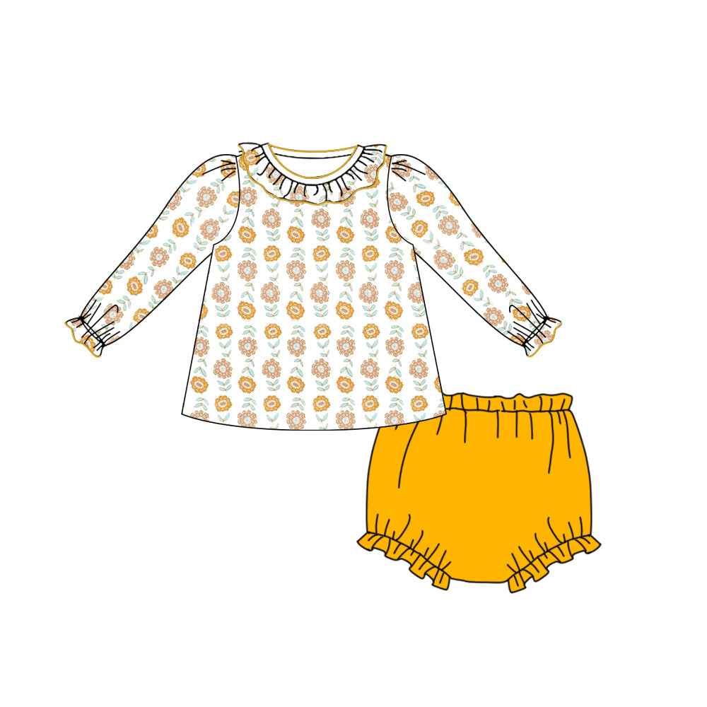 (Custom Design Preorder MOQ 5)  Mustard Flowers Print Baby Girls Fall Bummie Sets