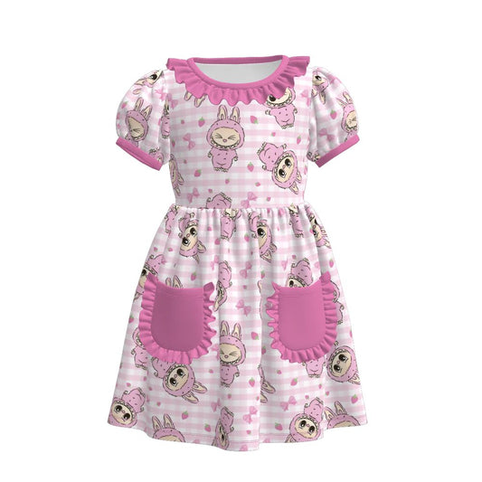 (Custom Design Preorder MOQ 5) Cartoon LABU* Strawberry Print Pockets Girls Summer Knee Length Dress