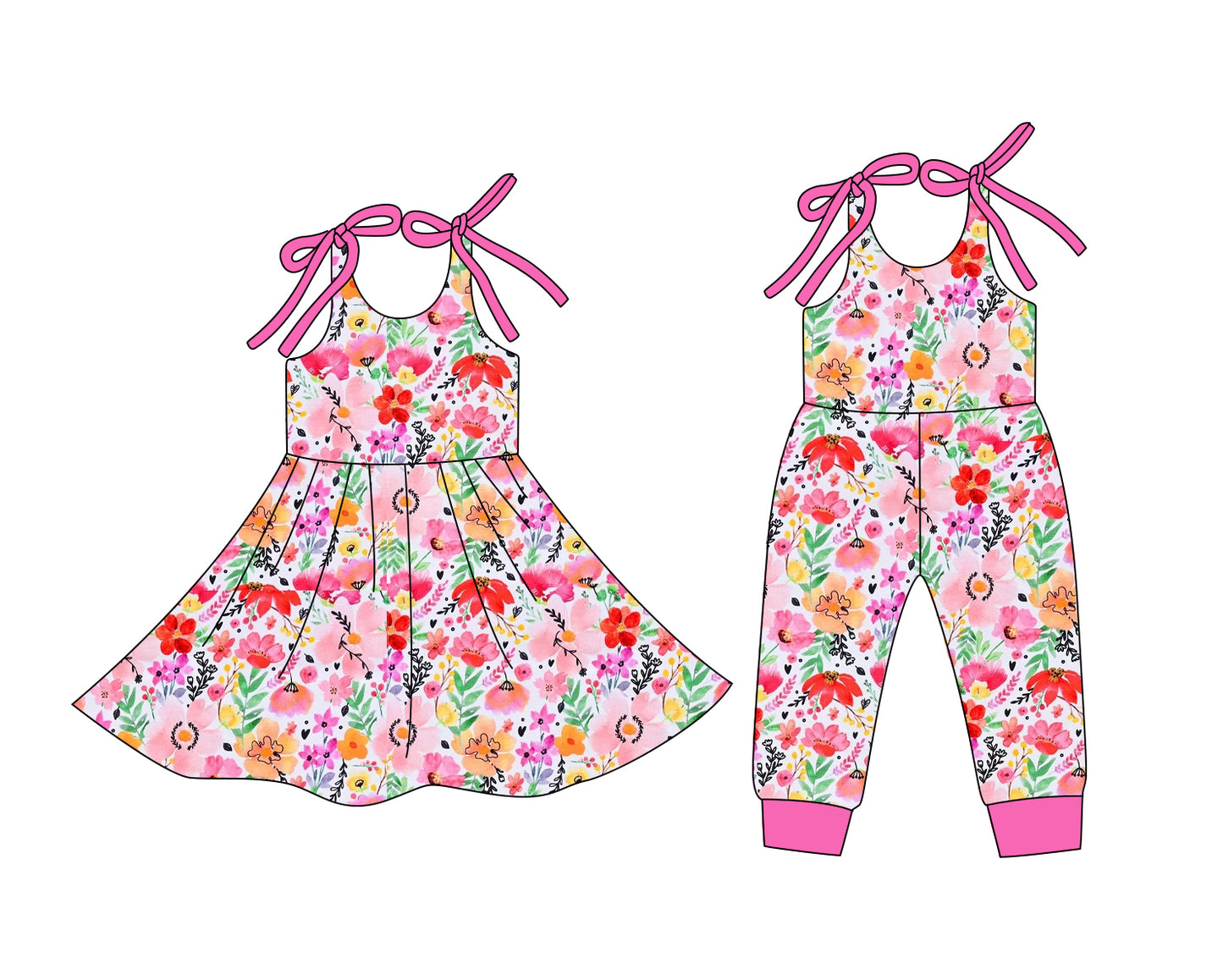 12.24 (Custom Design Preorder MOQ 5 Each Design) Colorful Flowers Print Girls Summer Matching Clothes Sisters Wear