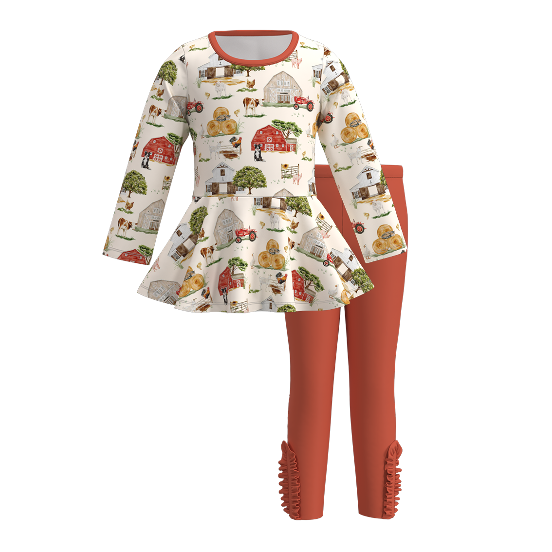 (Custom Design Preorder MOQ 5) Farm Life Tunic Top Red Pants Girls Fall Clothes Set