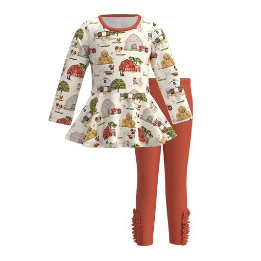 (Custom Design Preorder MOQ 5) Farm Life Tunic Top Red Pants Girls Fall Clothes Set