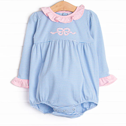 (Custom Design Preorder MOQ 5) Bows Blue Stripes Print Baby Girls Romper