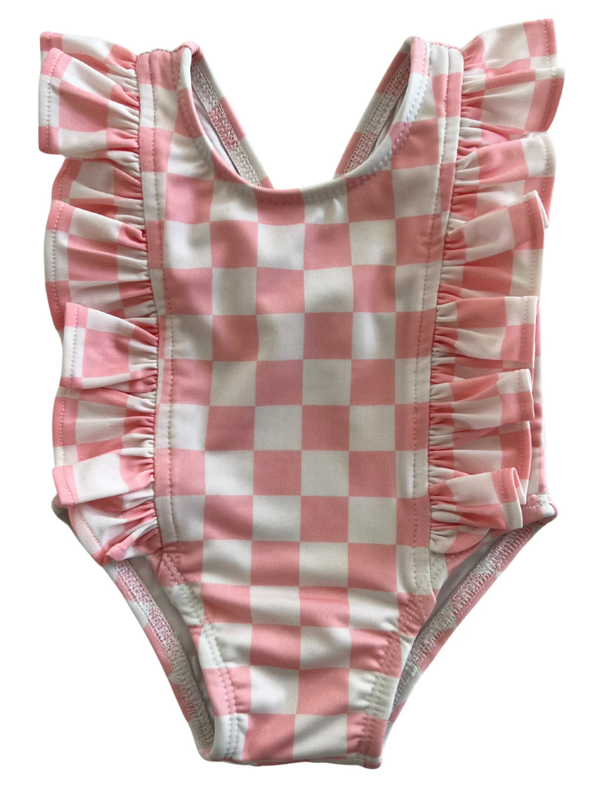 (Custom Design Preorder MOQ 5)  Pink Plaid Print Ruffle Girls 1 Piece Swimsuits