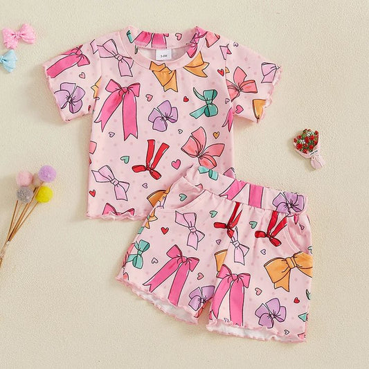 (Custom Design Preorder MOQ 5) Colorful Bows Top Pockets Shorts Girls Summer Clothes Set