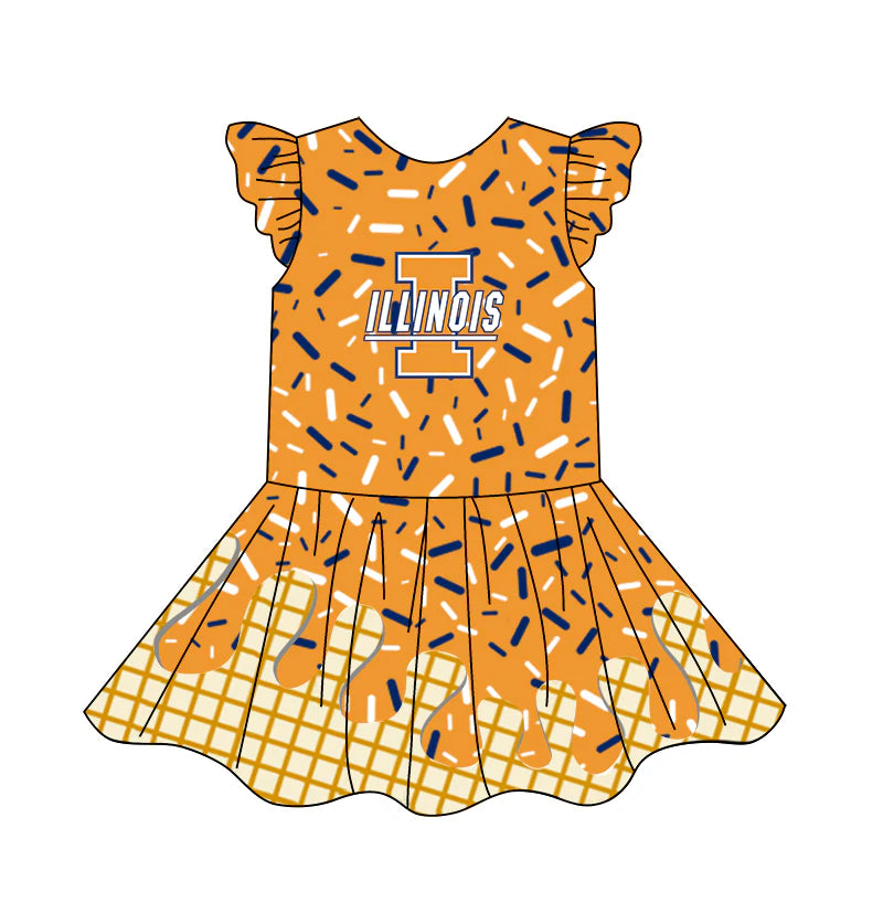 (Custom Design Preorder MOQ 5) Team's ILLINOIS Orange Sprinkles Print Girls Summer Knee Length Dress