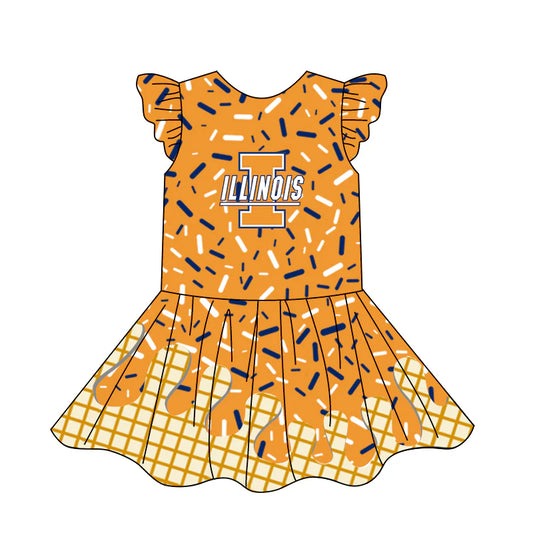 (Custom Design Preorder MOQ 5) Team's ILLINOIS Orange Sprinkles Print Girls Summer Knee Length Dress