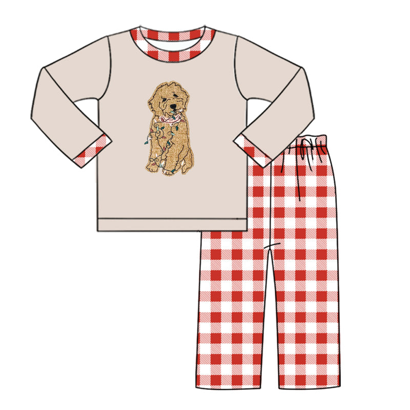 (Custom Design Preorder MOQ 5) Dog Light Top Plaid Pants Boys Christmas Clothes Set