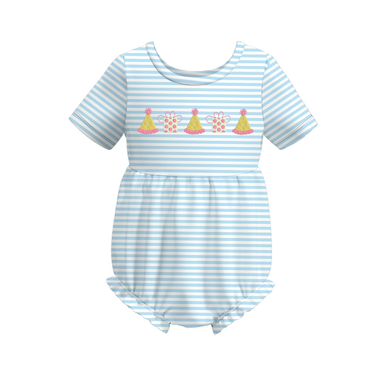 (Custom Design Preorder MOQ 5) Hat Gift Blue Stripes Print Baby Girls Birthday Romper