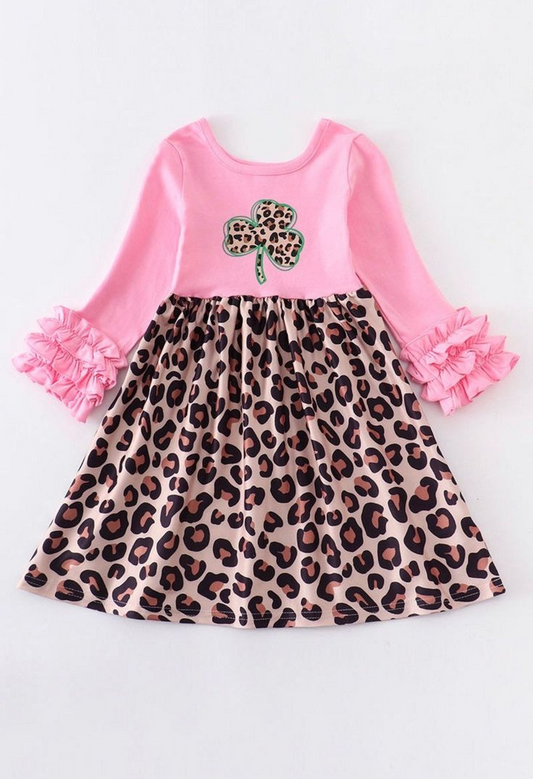 (Custom Design MOQ 5) Pink Leopard Clover Girls Knee Length St. Patrick's Dress