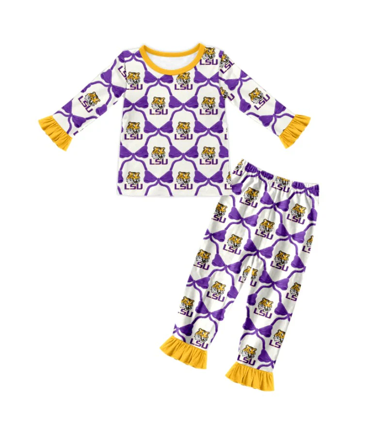 (Custom Design Preorder MOQ 5) Team's LSU Tigers Print Girls Fall Bamboo Pajamas Clothes Set