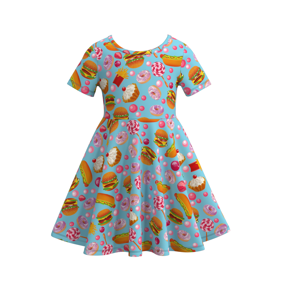 (Custom Design Preorder MOQ 5) Hamburger Candy Print Girls Knee Length Summer Dress