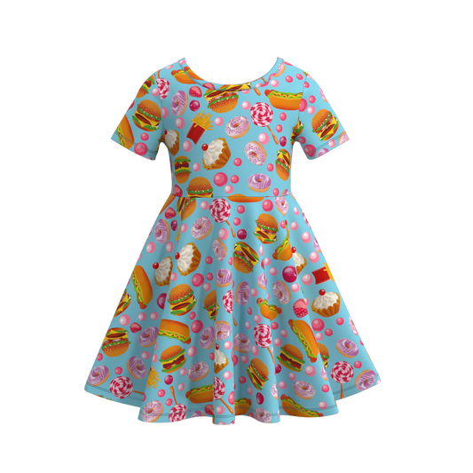 (Custom Design Preorder MOQ 5) Hamburger Candy Print Girls Knee Length Summer Dress