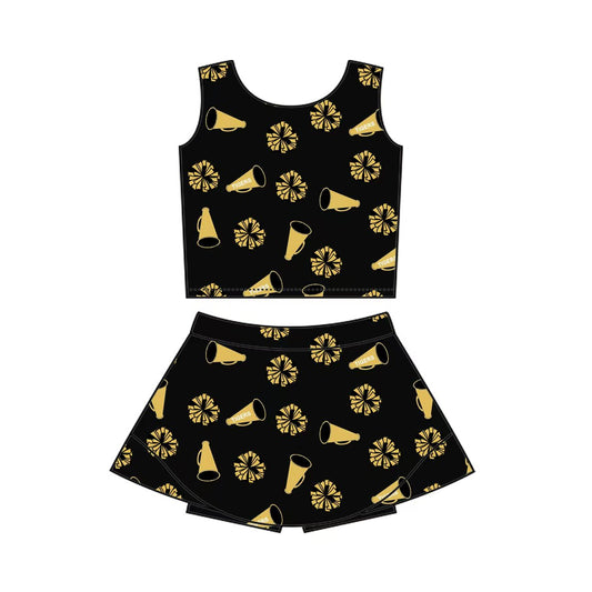 (Custom Design Preorder MOQ 5) Team's Cheer Black Print Shorts Skirts Girls Summer Yoga Clothes Set