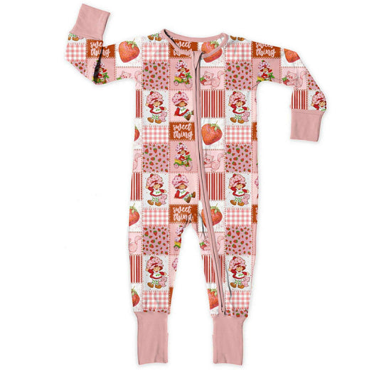 (Custom Design Preorder MOQ 5) Cartoon Girl Strawberry Print Baby Girls Sleeper Zipper Romper