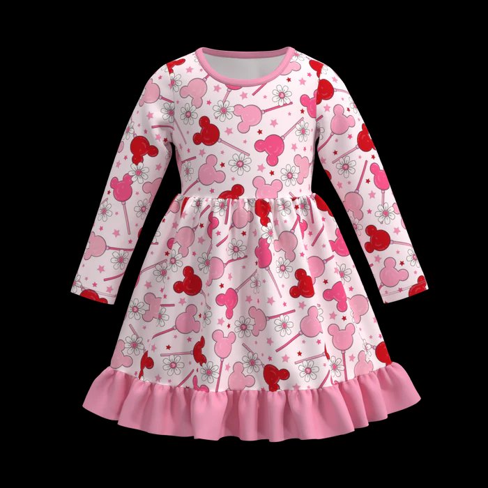 (Custom Design Preorder MOQ 5) Pink Lollipop Flowers Print Girls Knee Length Dress