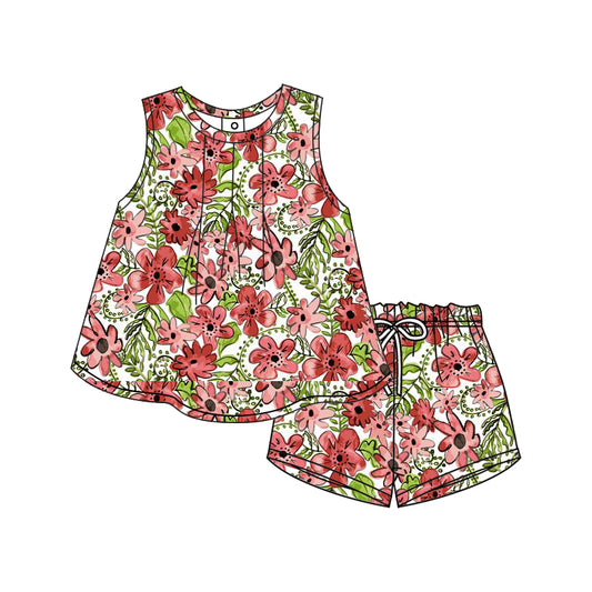 12.9(Custom Design Preorder MOQ 5) Red Flowers Sleeveless Top Shorts Girls Summer Clothes Set