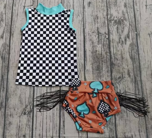 (Custom Design Preorder MOQ 5) Black Plaid Top Turquoise Tassels Shorts Baby Girls Western Bummie Set