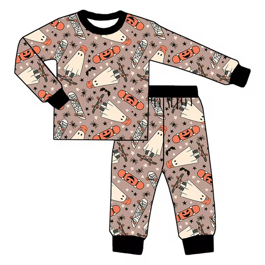 (Custom Design Preorder MOQ 5) Ghost Scoot Print Boys Halloween Pajamas Clothes Set
