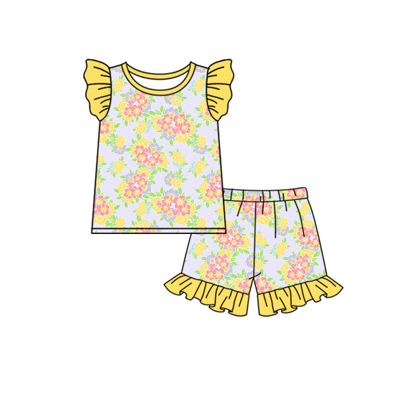 (Custom Design Preorder MOQ 5) Yellow Flowers Print Top Ruffle Shorts Girls Summer Clothes Set
