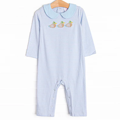 (Custom Design Preorder MOQ 5) Duck Blue Stripes Print Baby Boys Fall Romper