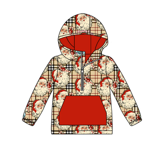 (Custom Design Preorder MOQ 5)  Santa Plaid Print Boys Christmas Hoodie Zipper Tops