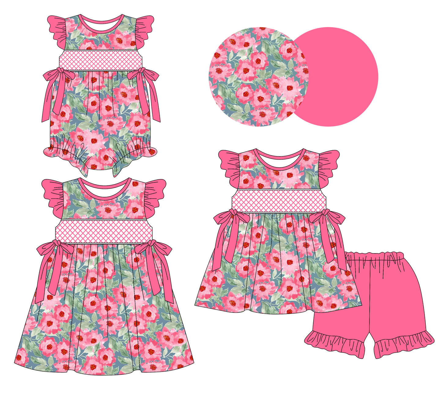3.10(Custom Design Preorder MOQ 5 Each Design) Hot Pink Flowers Print Girls Summer Matching Clothes Sisters Wear