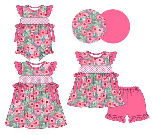 3.10(Custom Design Preorder MOQ 5 Each Design) Hot Pink Flowers Print Girls Summer Matching Clothes Sisters Wear