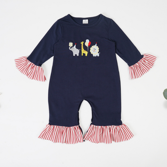 (Custom Design Preorder MOQ 5) Animals Navy Print Baby Girls Fall Romper