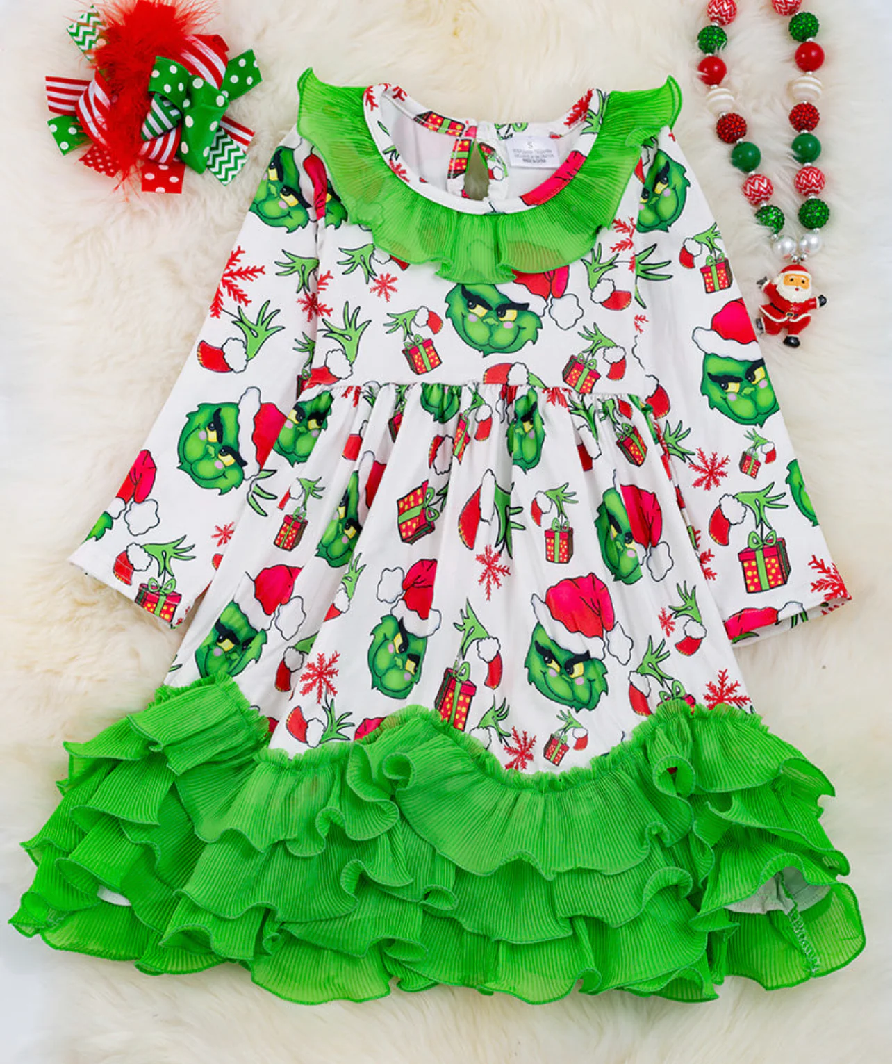 (Custom Design MOQ 5) White Christmas Frog Print Green Ruffles Ankle Length Dress