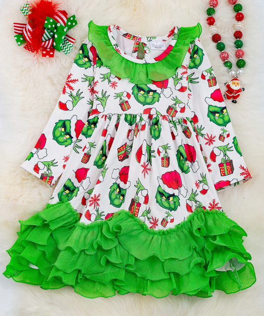 (Custom Design MOQ 5) White Christmas Frog Print Green Ruffles Ankle Length Dress