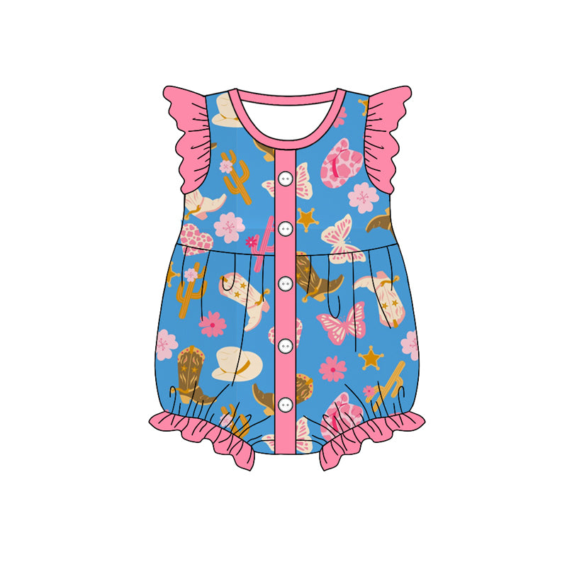 (Custom Design Preorder MOQ 5) Boots Flowers Hat Print Baby Girls Western Romper