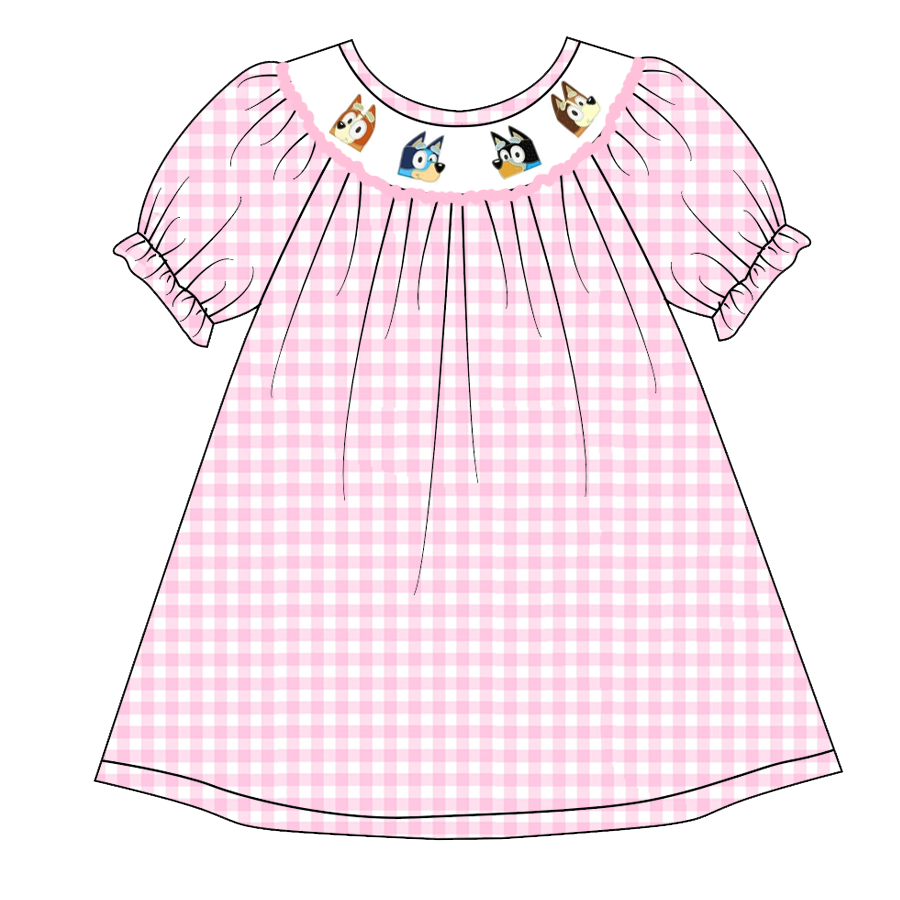 (Custom Design Preorder MOQ 5) Cartoon Dog Pink Plaid Print Girls Knee Length Summer Dress