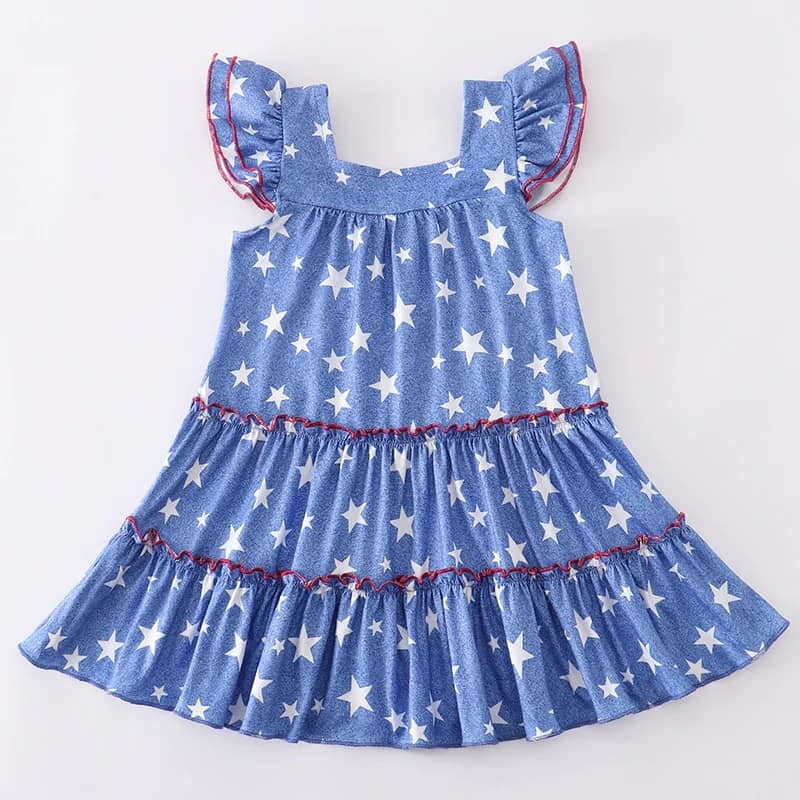 (Custom Design Preorder MOQ 5) Blue Stars Print Girls Knee Length 4th of July Dress