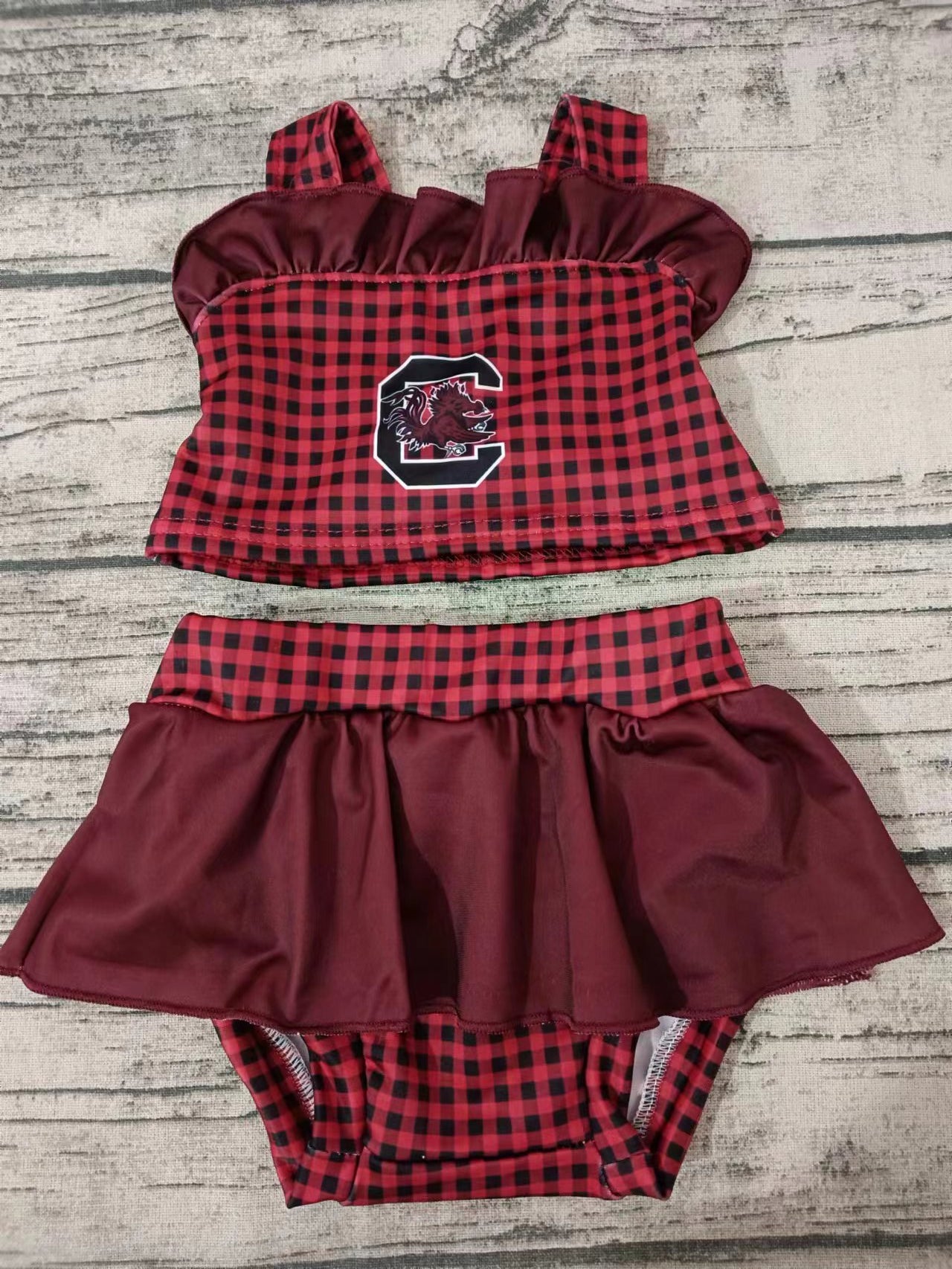 (Custom Design Preorder MOQ 5) Team's G Wine Plaid Print Girls 2 Pieces Swimsuits