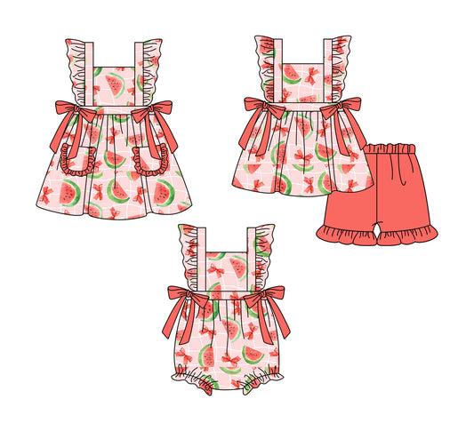 1.3(Custom Design Preorder MOQ 5 Each Design) Watermelon Bows Print Girls Summer Matching Clothes Sisters Wear