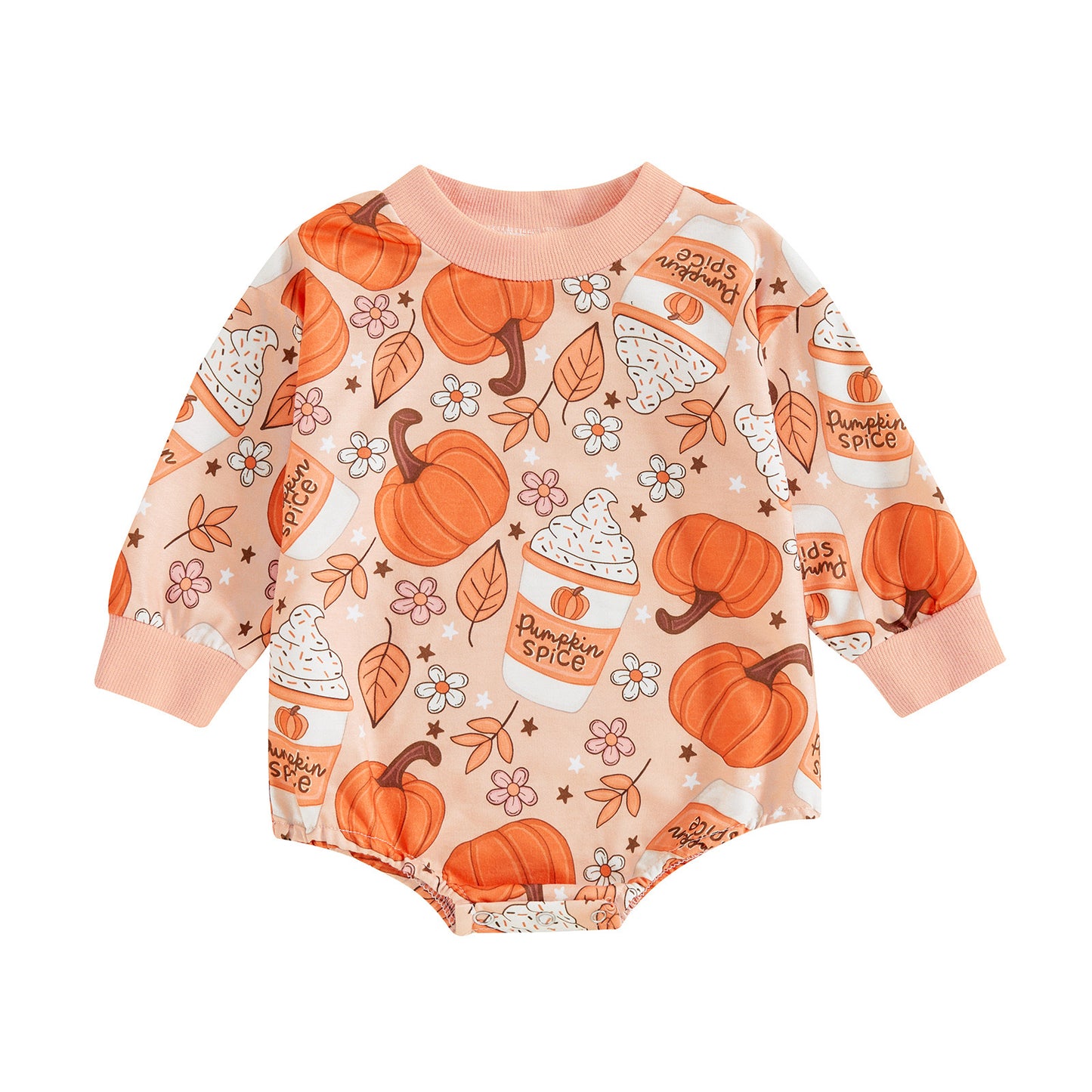 (Custom Design Preorder MOQ 5) Pumpkin Spice Print Baby Girls Fall Romper