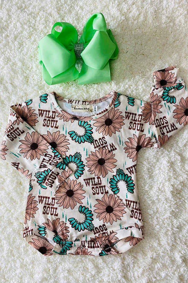 (Custom Design Preorder MOQ 5) Wild Flowers Turquoise Print Baby Girls Western Romper