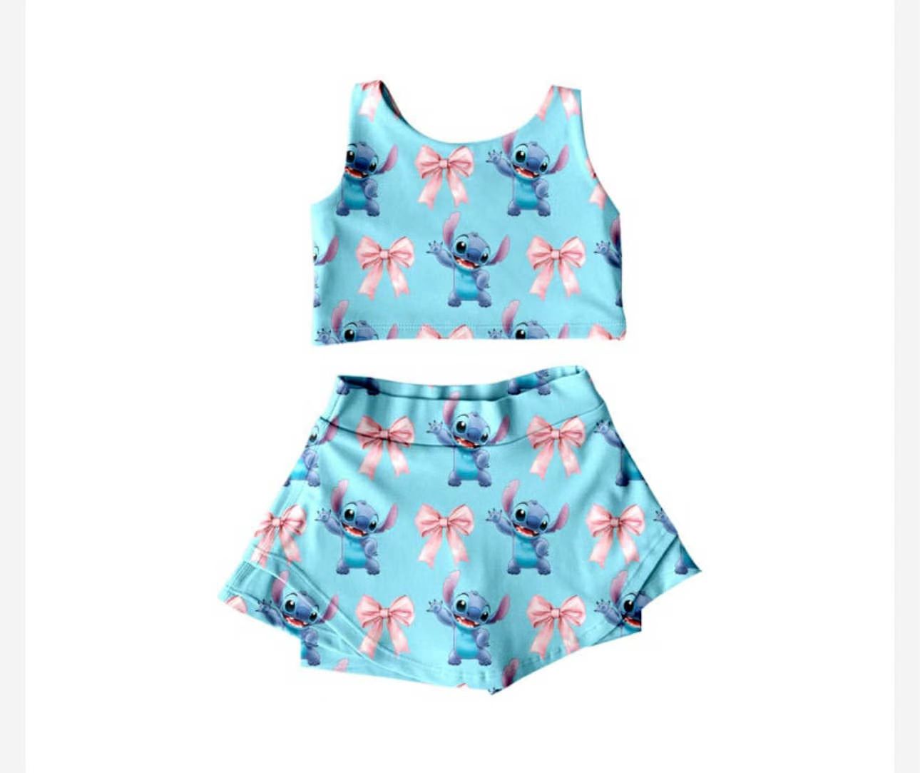 (Custom Design Preorder MOQ 5) Stitc* Bows Blue Print Shorts Skirts Girls Summer Yoga Clothes Set