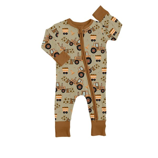 (Custom Design Preorder MOQ 5) NO.8 Brown Construction Print Baby Zip Romper