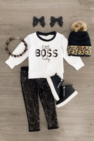 (Custom Design Preorder MOQ 5)  Little Boss Lady Top Sequins Legging Pants Girls Clothes Sets