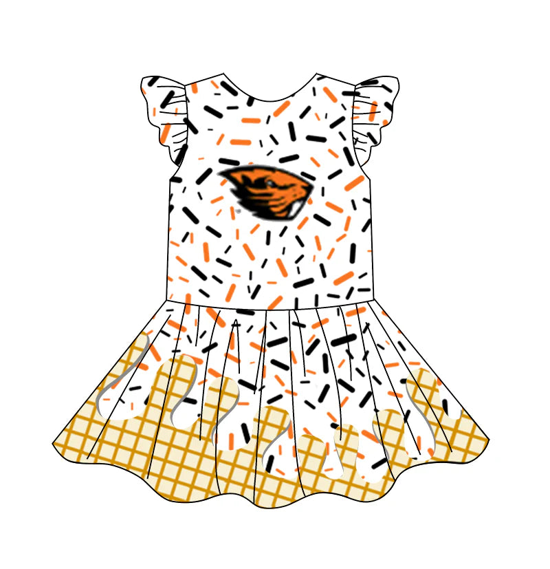 (Custom Design Preorder MOQ 5) Team's Orange Sprinkles Print Girls Summer Knee Length Dress