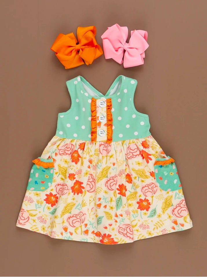 (Custom Design Preorder MOQ 5) Flowers Print Pockets Girls Knee Length Summer Dress