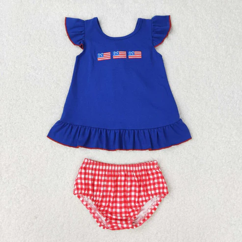 Flags Embroidery Red Stripes Print Sibling 4th of July Matching Clothes
