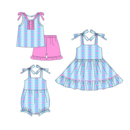 5.24(Custom Design Preorder MOQ 5 Each Design) Flowers Bows Plaid Print Girls Summer Matching Clothes Sisters Wear