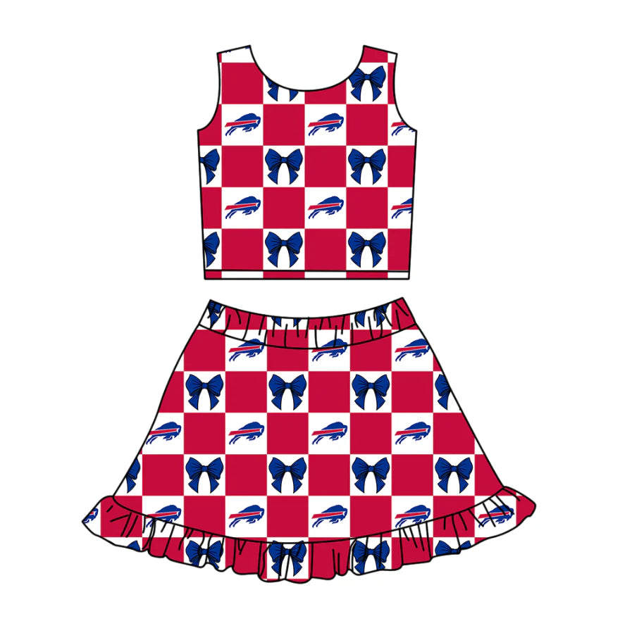 (Custom Design Preorder MOQ 5 Each Color) Team's Bills Bows Plaid Print Girls Summer Clothes Sisters Matching Wear