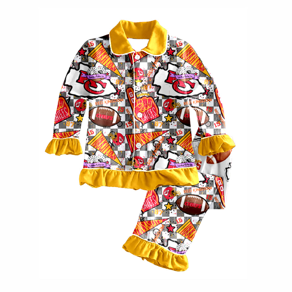 (Custom Design Preorder MOQ 5) Team's KC Yellow Print Girls Fall Buttons Pajamas Clothes Set