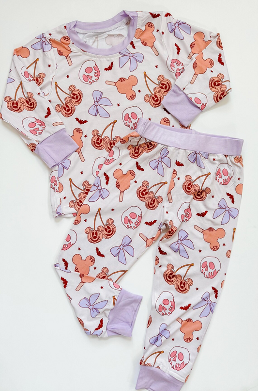 (Custom Design Preorder MOQ 5)  Cartoon Mouse Pumpkin Bows Print Girls Halloween Pajamas Bamboo Clothes Set