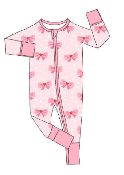 (Custom Design Preorder MOQ 5)  Pink Heart Bows Print Baby Girls Valentine's Day Sleeper Zipper Romper