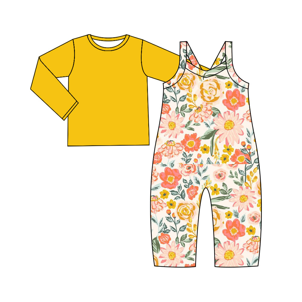 (Custom Design Preorder MOQ 5) Yellow Top Flowers Jumpsuit Girls Fall Clothes Set